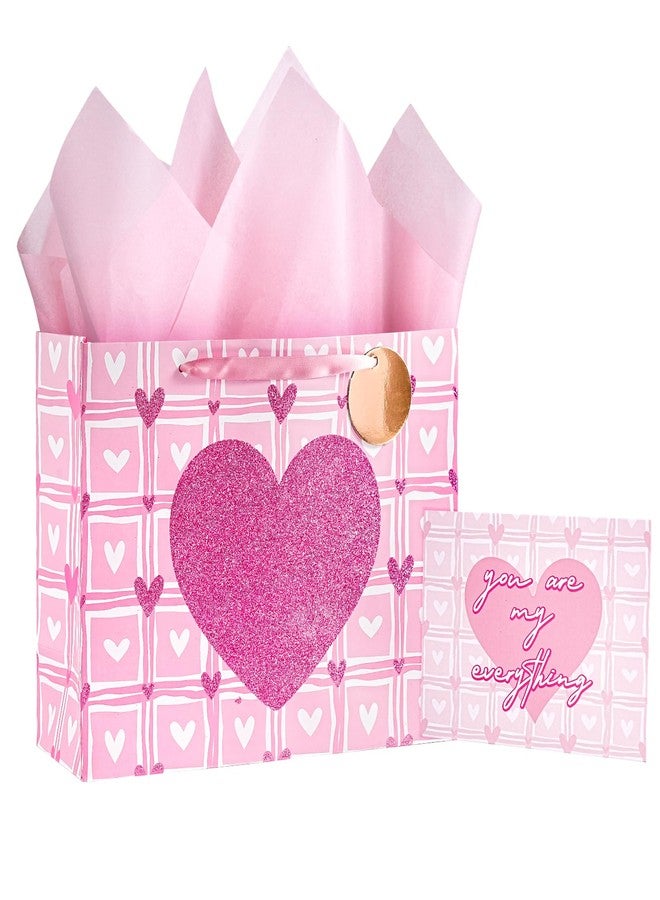 LeZakaa 13" Pink Heart Valentine Gift Bag, Glitter Heart Design for Women Girls, with 2 Pink Tissue Papers, Gift Tag & Greeting Card, for Classroom Valentine Exchange Gifts, 13" x 10" x 5", 1 Pcs - Image 1